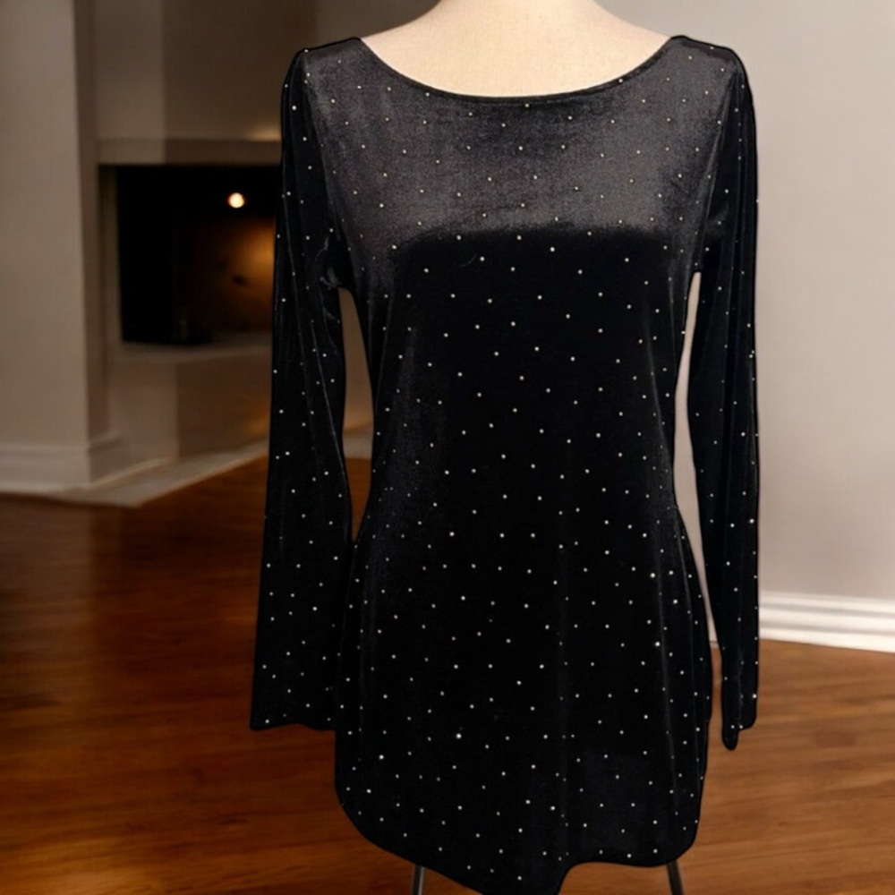 Cache’ Gold Studded Black Velvet Split Shoulder T… - image 8